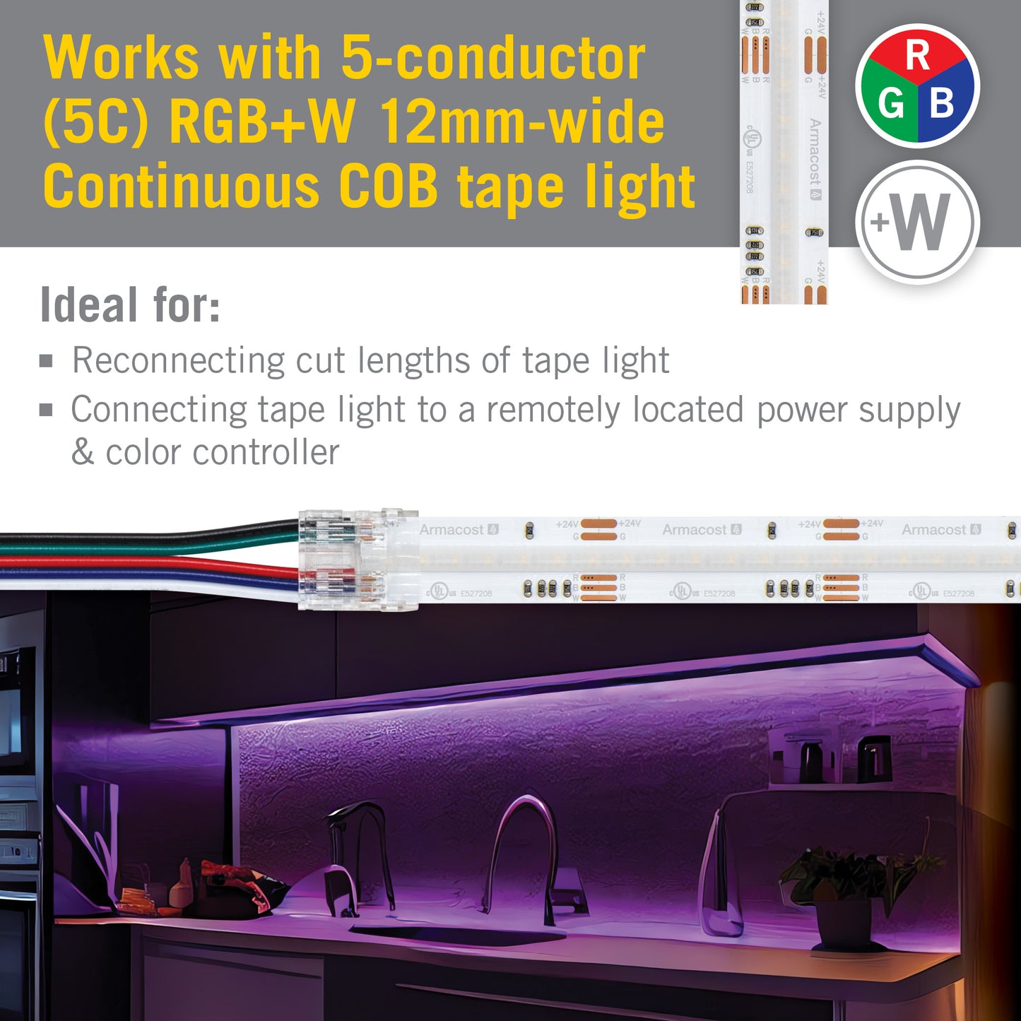 5 Pin COB RGB+W 48" Tape to Wire LED Strip Light Connectors