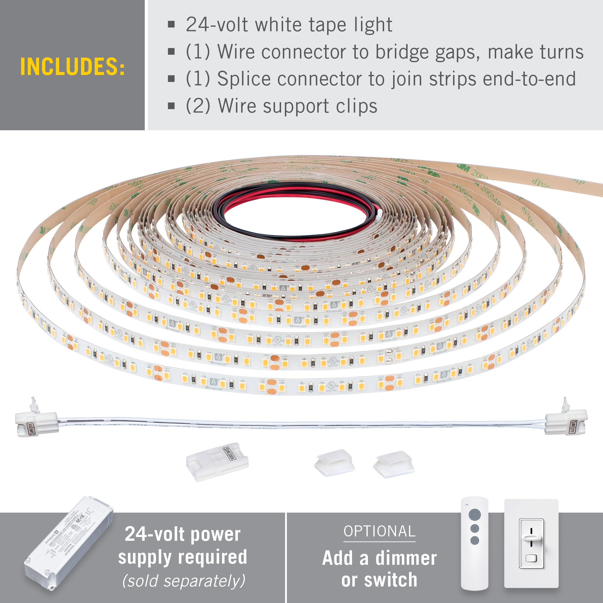 24V White LED Strip Light Tape 120 LED Armacost Lighting