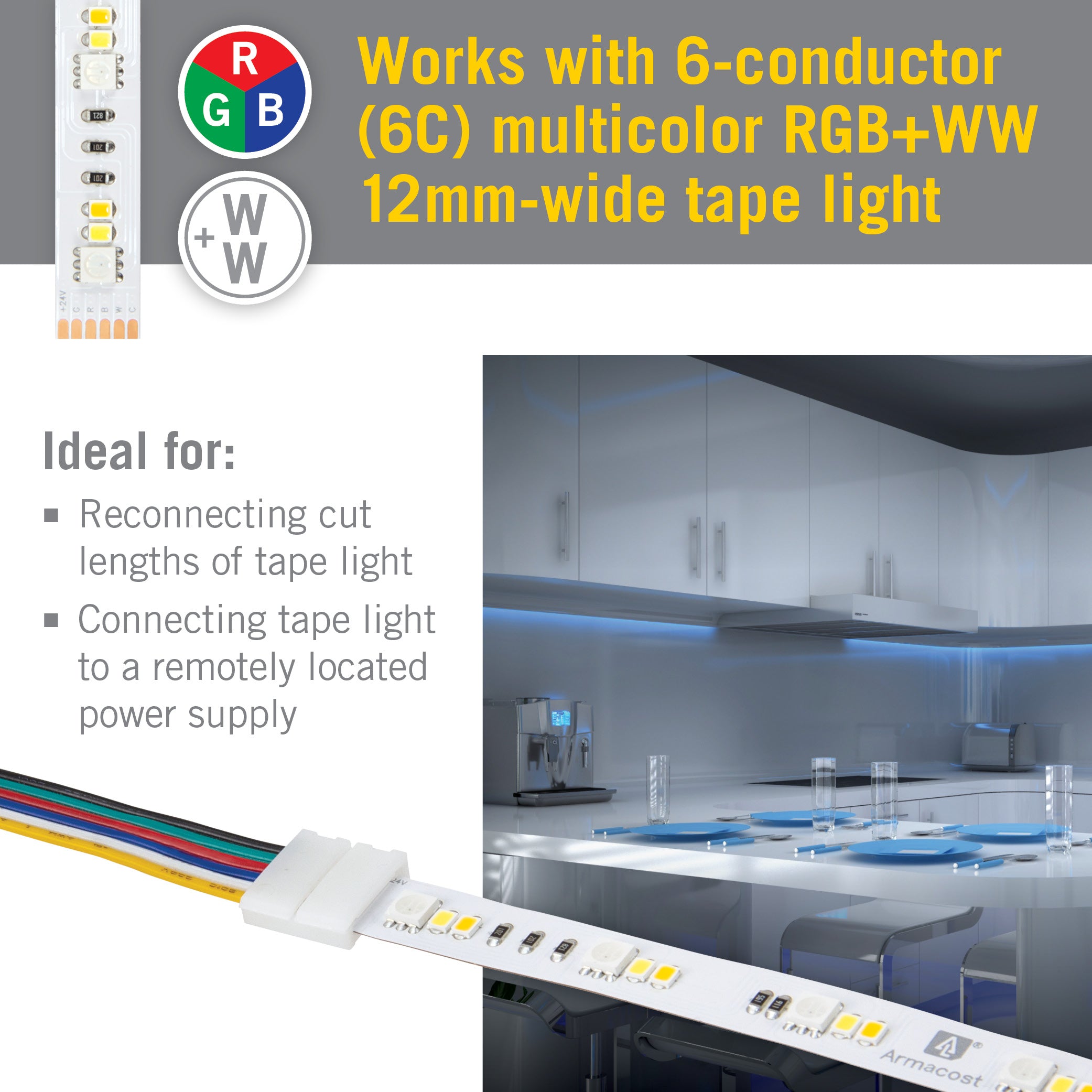 RGB+WW LED Strip Light 48" Tape to Wire Connector – Armacost Lighting